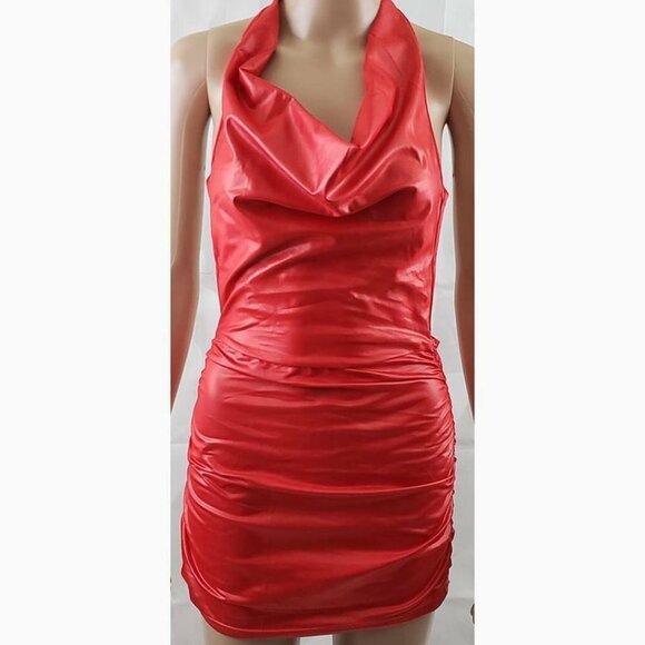 Holiday Party Dress Sexy Bodycon Mini Wet Look Red - Picture 8 of 12
